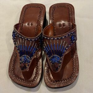 Brown Leather Sandals with Blue Beaded Design